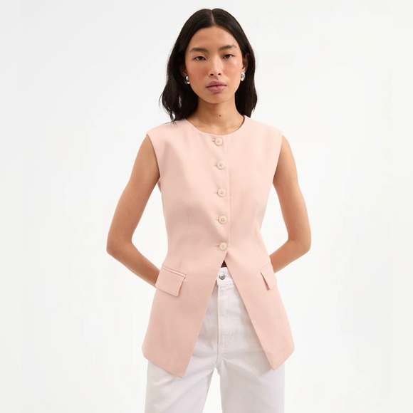 Sleeveless Pink Button-Up Linen Vest